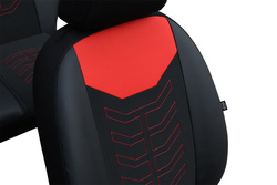  Set Huse Auto Universale din 9 Piese, Groase, Material + Piele Ecologica, cu Broderie Eleganta, Culoare Negru cu Rosu
