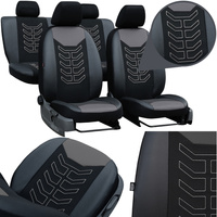 Set Huse Auto Universale din 9 Piese, Groase, Material + Piele Ecologica, cu Broderie Eleganta, Culoare Negru cu Gri