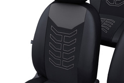  Set Huse Auto Universale din 9 Piese, Groase, Material + Piele Ecologica, cu Broderie Eleganta, Culoare Negru cu Gri