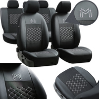 Set Huse Auto din 9 Piese, Universale, Piele Ecologica, Groase, Captusite, cu Broderie POK-TER, Culoare Negru