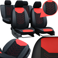 Set Huse Auto Universale din 9 Piese, Groase, Material + Piele Ecologica, cu Broderie Eleganta, Culoare Negru cu Rosu