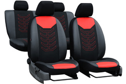  Set Huse Auto Universale din 9 Piese, Groase, Material + Piele Ecologica, cu Broderie Eleganta, Culoare Negru cu Rosu