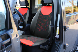  Set Huse Auto Universale din 9 Piese, Groase, Material + Piele Ecologica, cu Broderie Eleganta, Culoare Negru cu Rosu