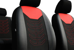  Set Huse Auto Universale din 9 Piese, Groase, Material + Piele Ecologica, cu Broderie Eleganta, Culoare Negru cu Rosu