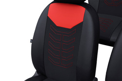  Set Huse Auto Universale din 9 Piese, Groase, Material + Piele Ecologica, cu Broderie Eleganta, Culoare Negru cu Rosu