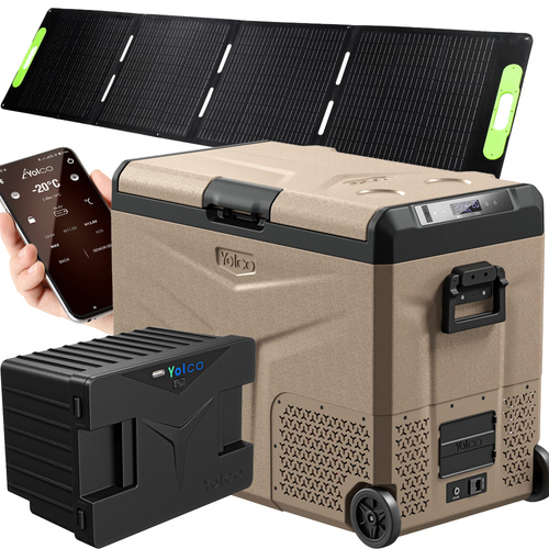 Lada frigorifica auto profesionala cu compresor Yolco TCX60 SAND 63L + baterie modulara + panou solar 200W